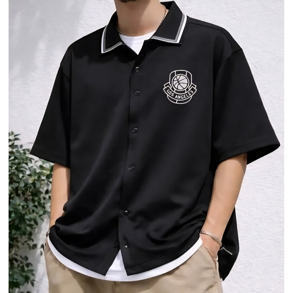 D&F Ricky Singh Relaxed Fit Los Angeles Basketball Snap-Up Shirt M Black NWT